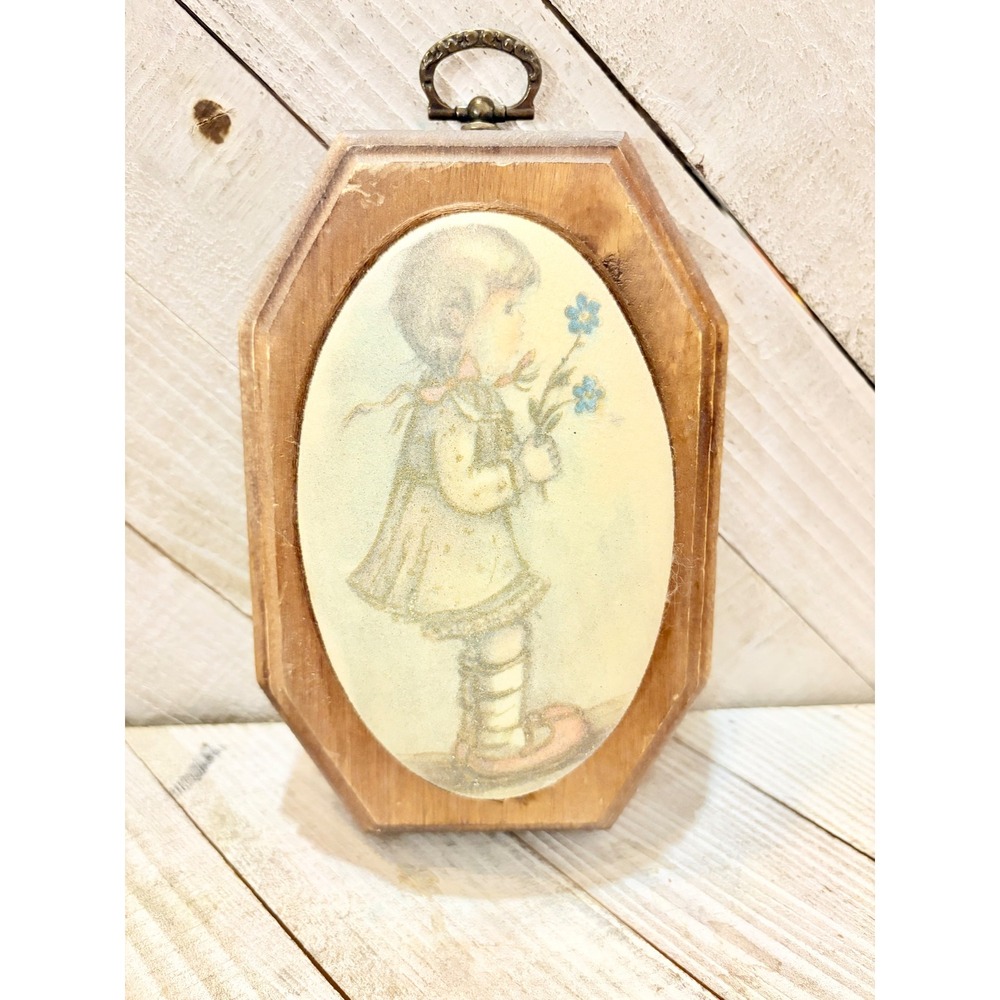 Vintage Hummel Wood‎ Wall Plaque Girl with Blue Flowers Cottagecore Decor 6.5in